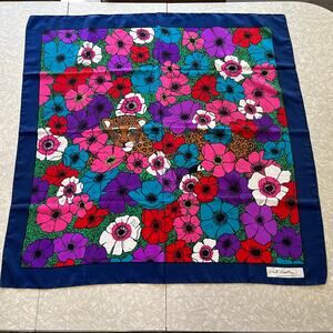 Vtg gant gaither scarf vibrant floral print leopard motif blue boarder flower